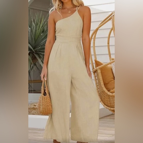 pretty garden Pants - PRETTYGARDEN L Women's Summer One Shoulder Strap Jumpsuit Cream Linen Hi…